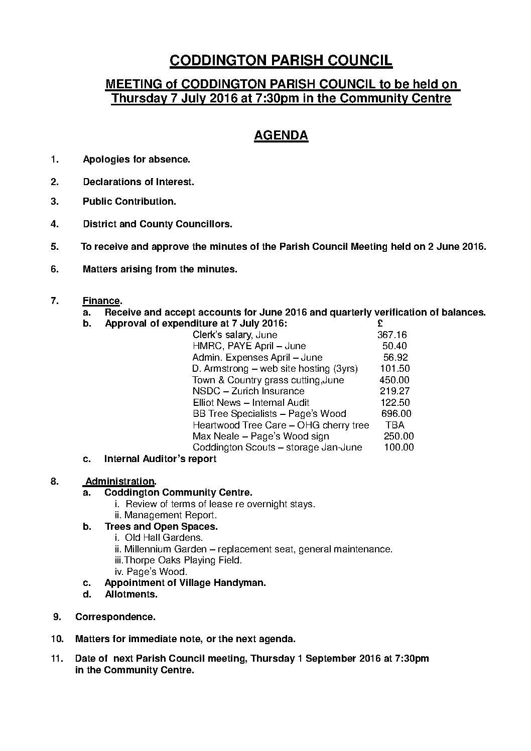 Parish Council Meeting 7 July 2016 Agenda