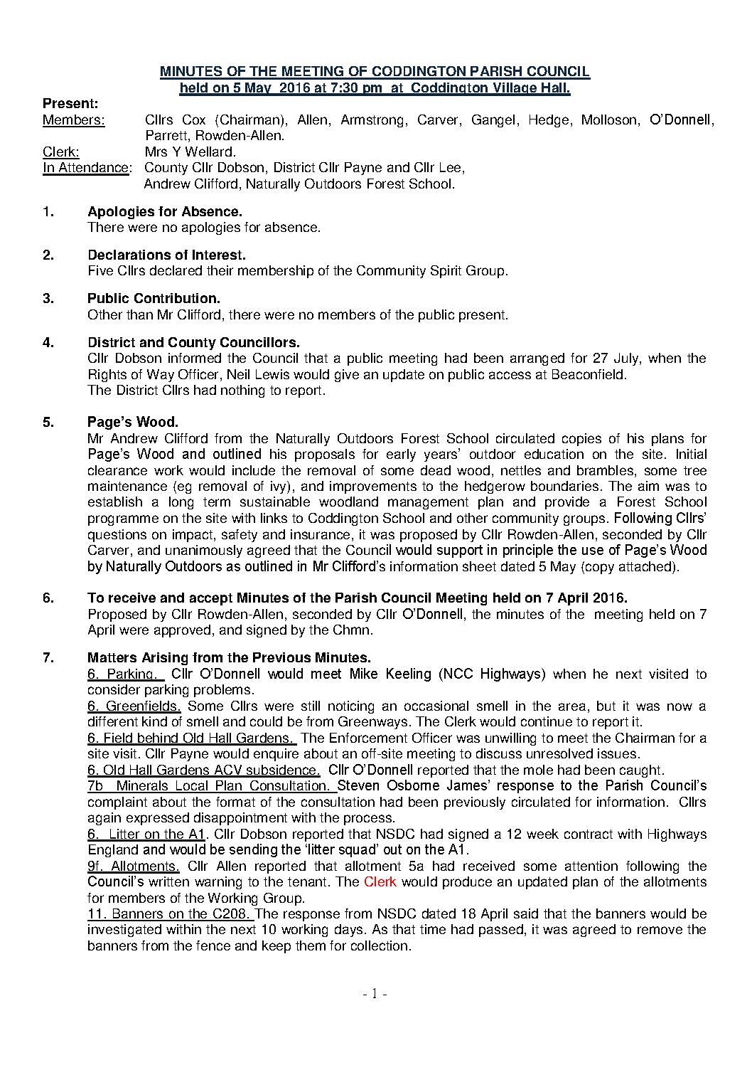 Parish Council Meeting 5 May 2016 Minutes