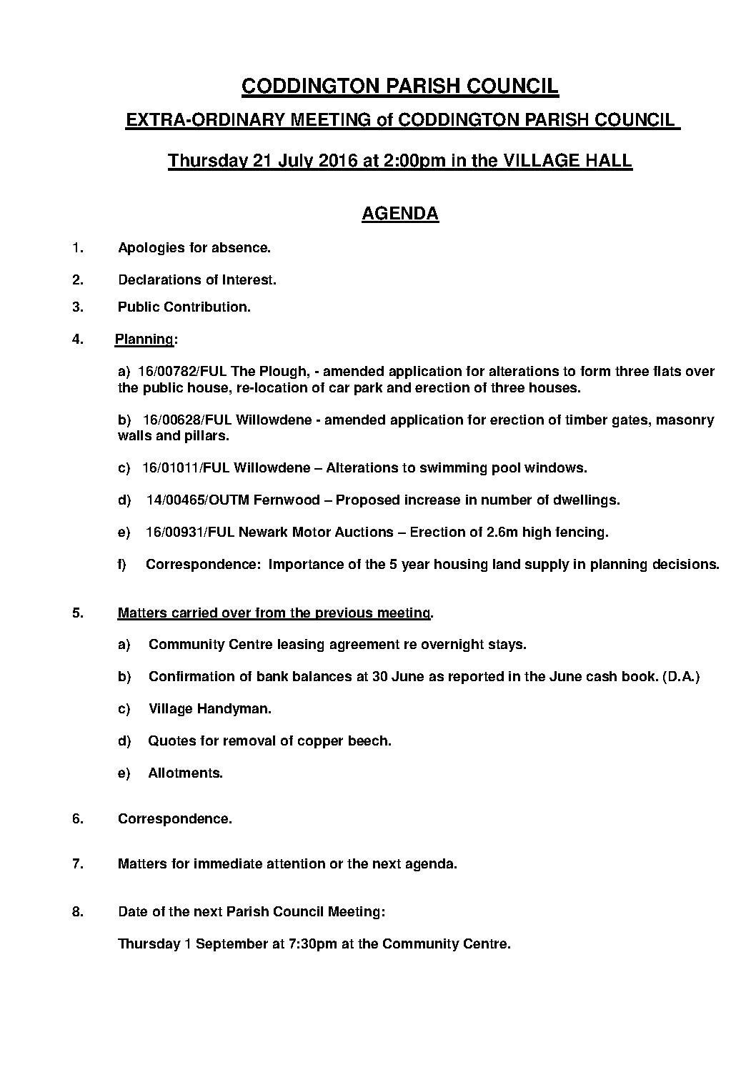 Parish Council Meeting 21 July 2016 Agenda