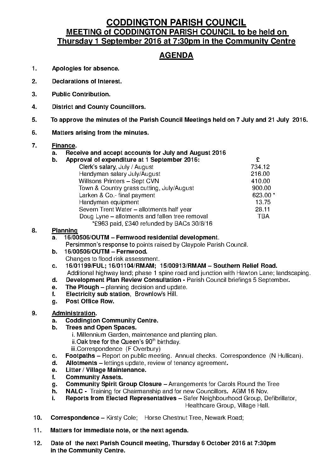 Parish Council Meeting 1 September 2016 Agenda