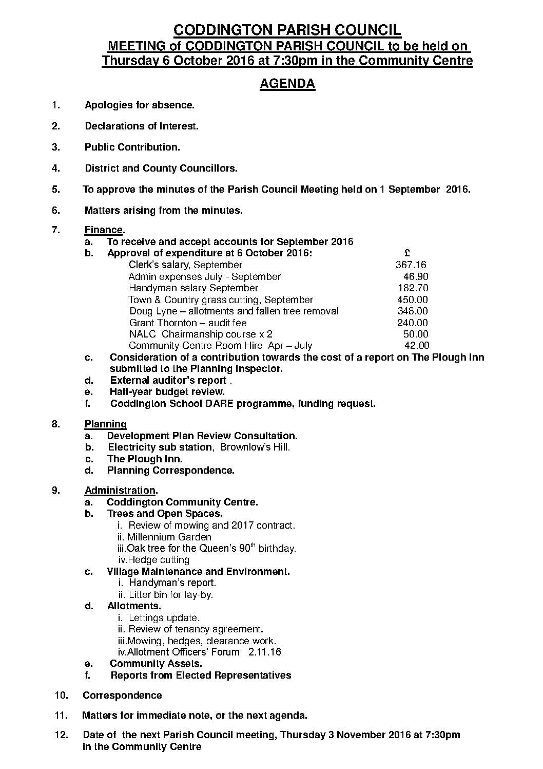 Parish Council Meeting 6 October 2016 Agenda