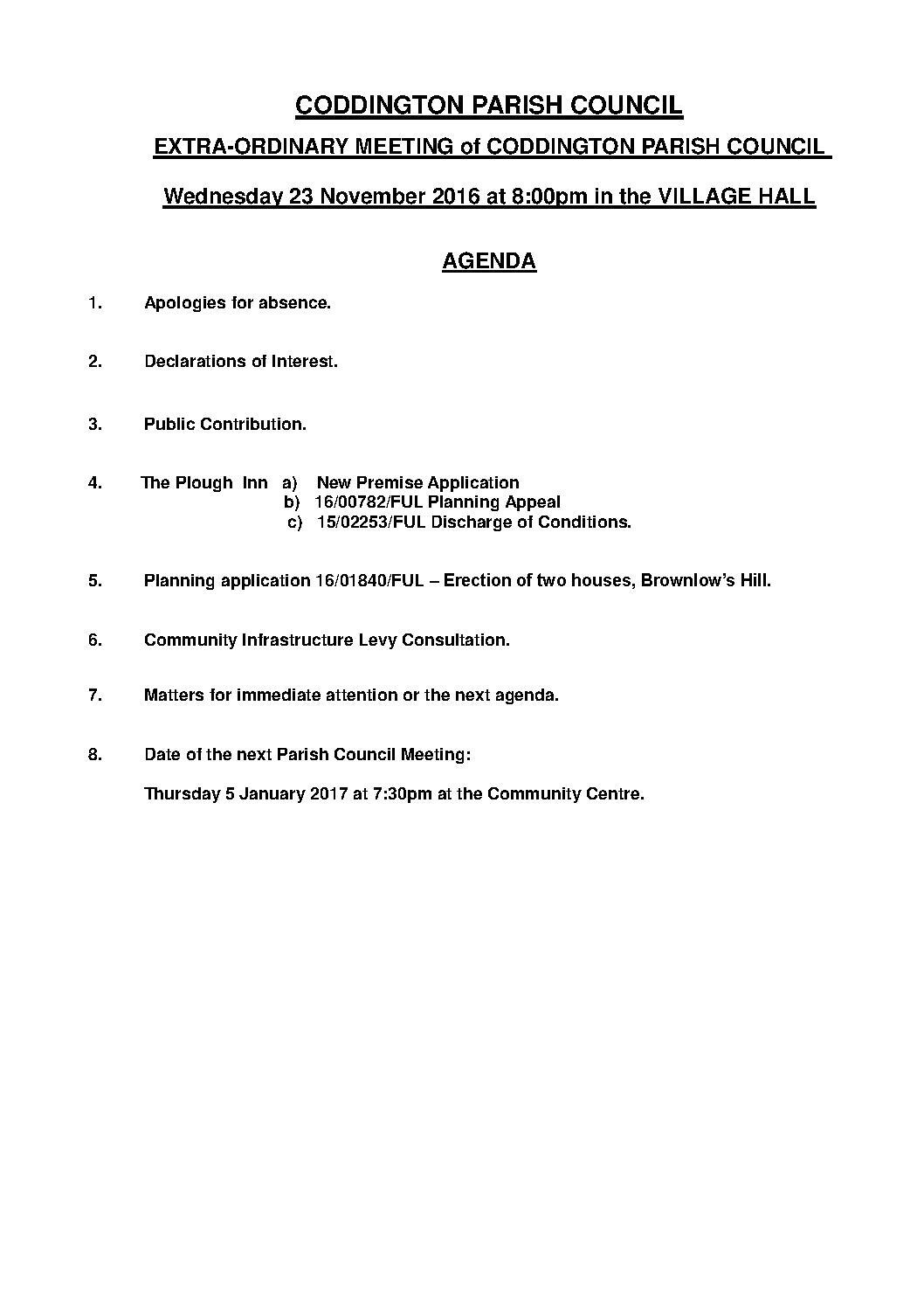 Extraordinary Parish Council Meeting 23 November 2016 Agenda