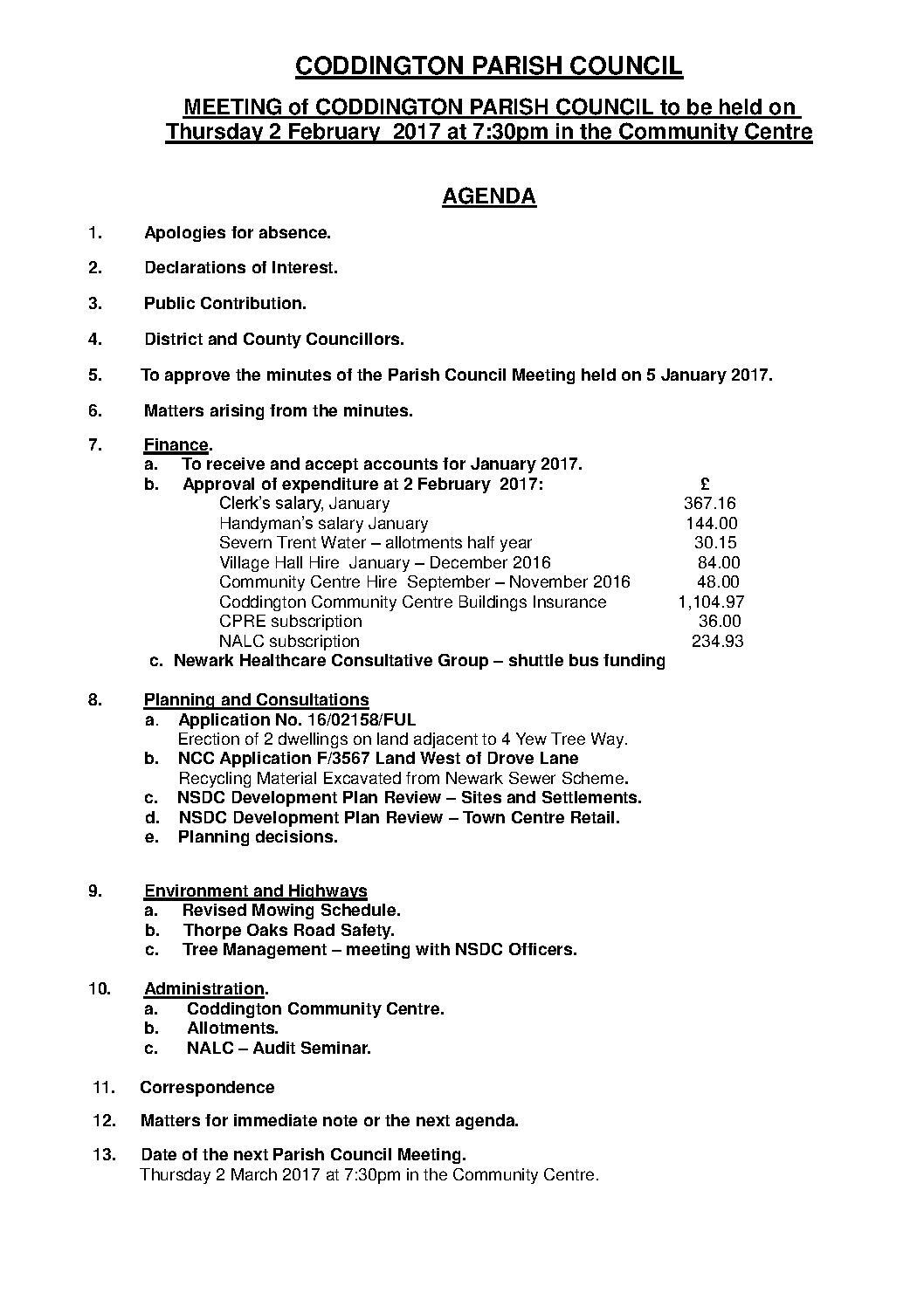 Parish Council Meeting 2 February 2017 Agenda