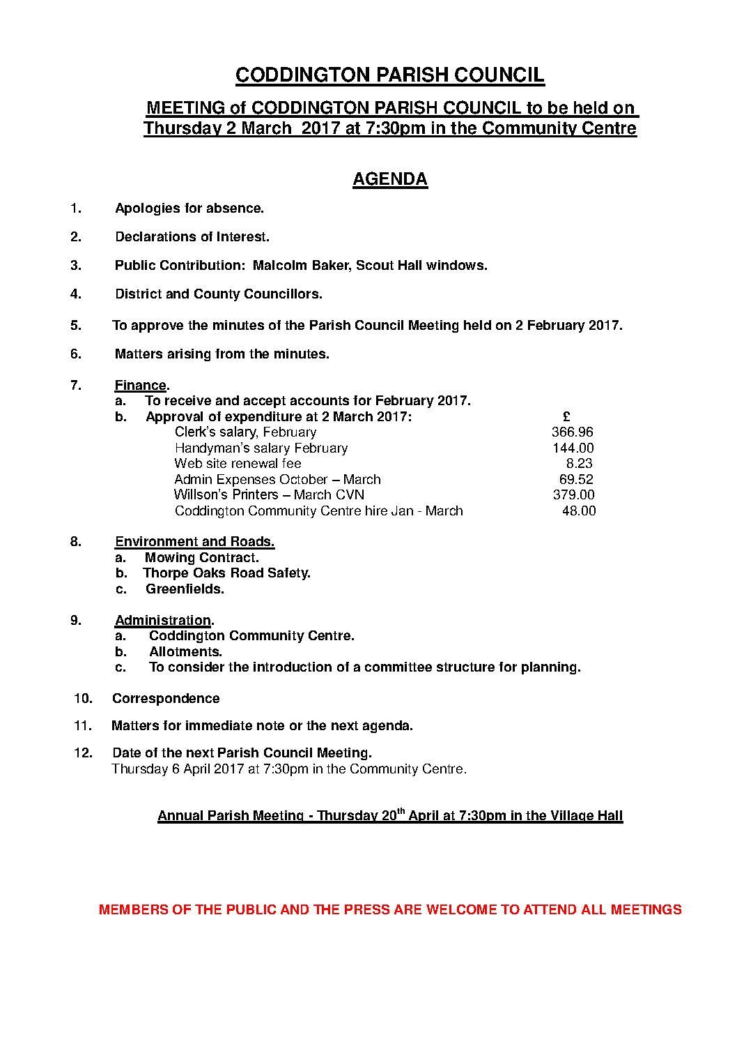 Parish Council Meeting 2 March 2017 Agenda