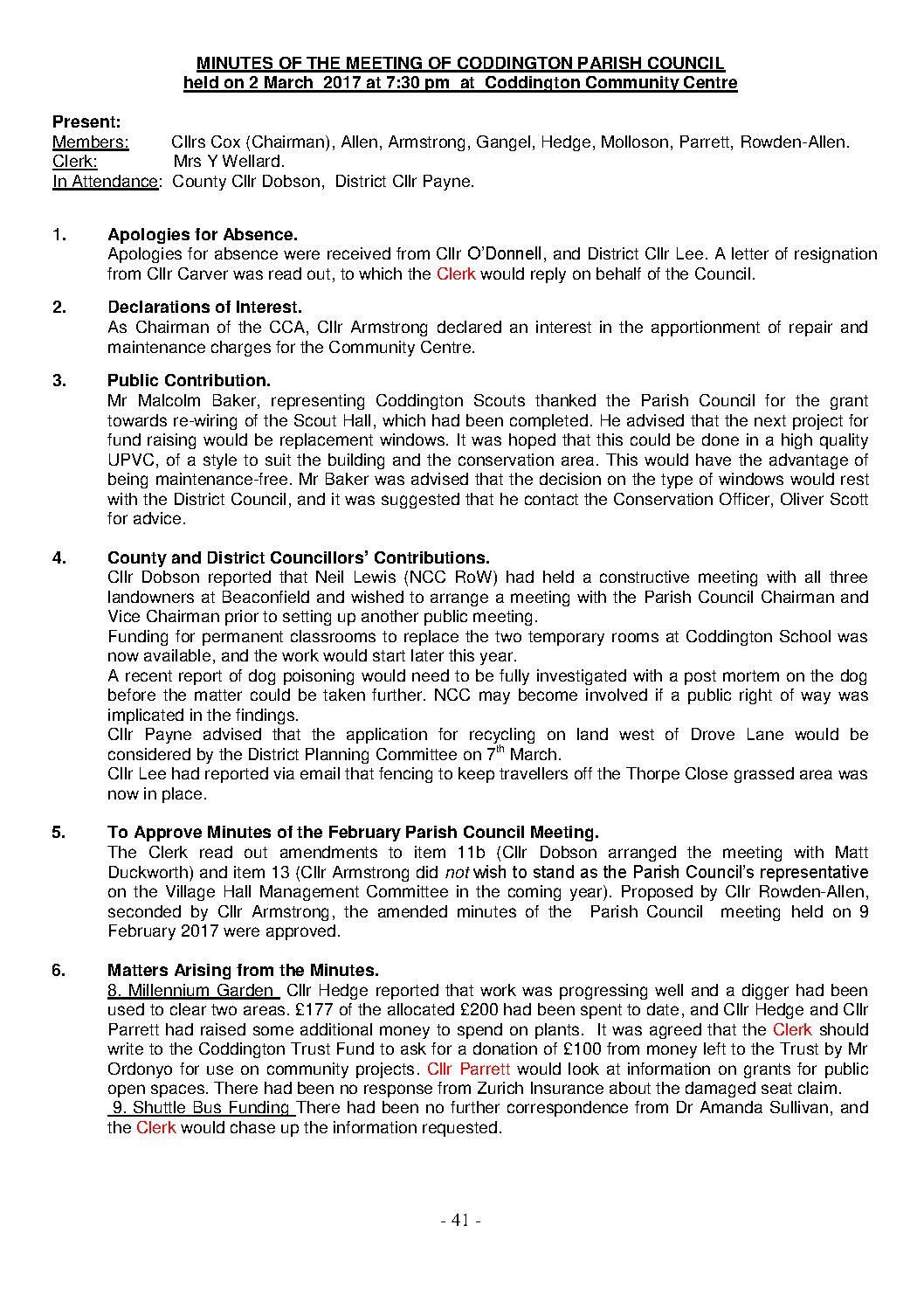 Parish Council Meeting 2 March 2017 Minutes