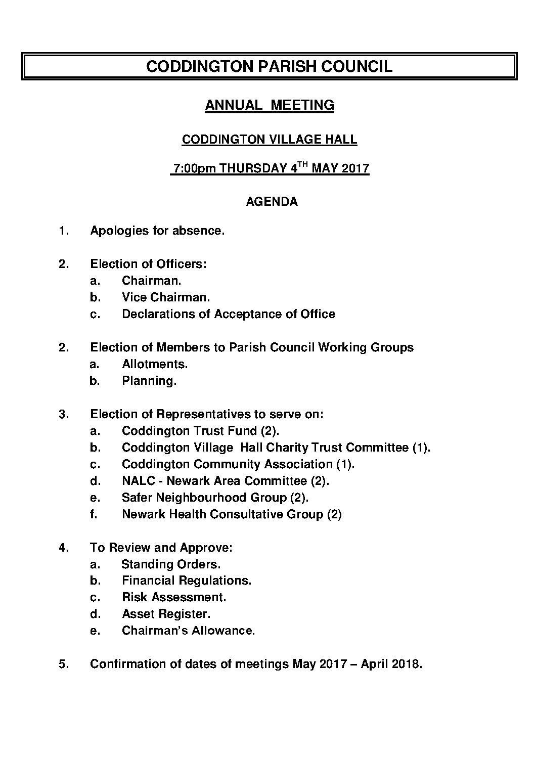 Annual Parish Council Meeting 4 May 2017 Agenda