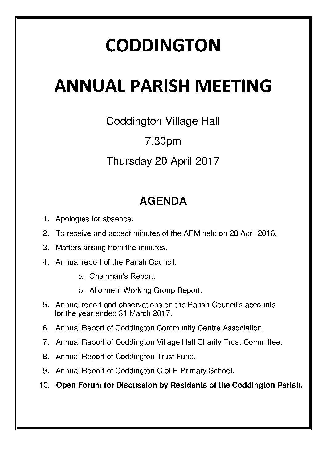 ANNUAL PARISH MEETING 20 APRIL 2017 AGENDA