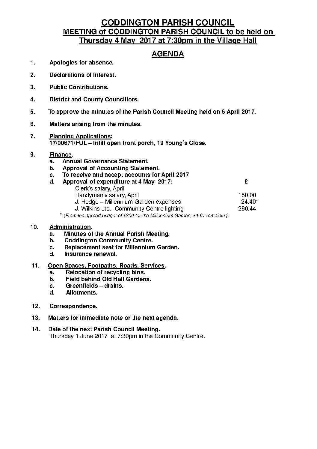 Parish Council Meeting 4 May 2017 Agenda