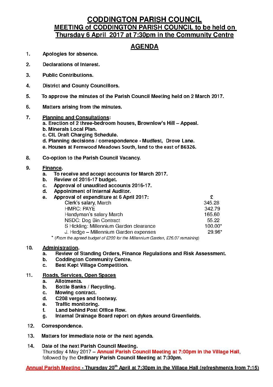 Parish Council Meeting 6 April 2017 Agenda