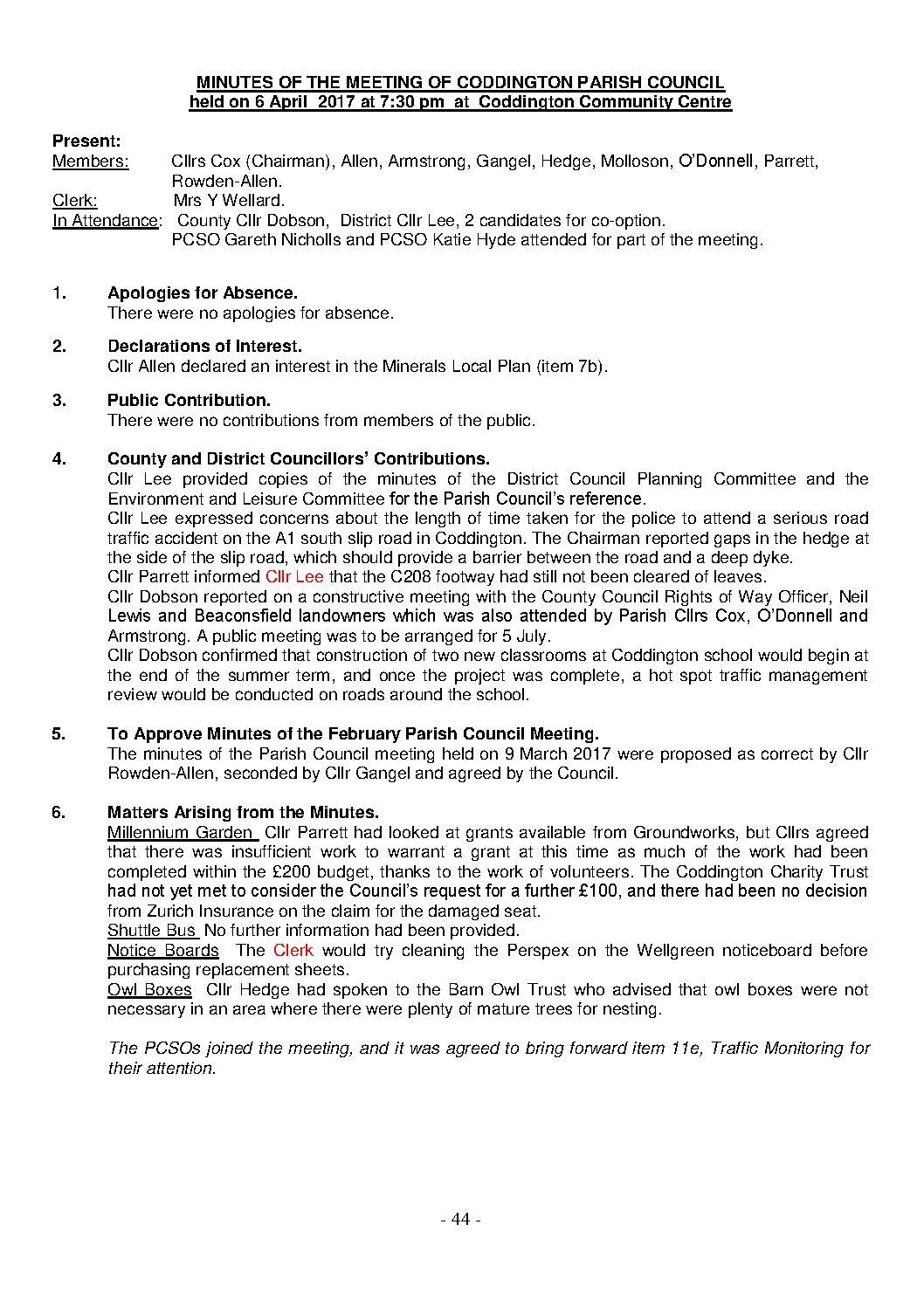 Parish Council Meeting 6 April 2017 Minutes