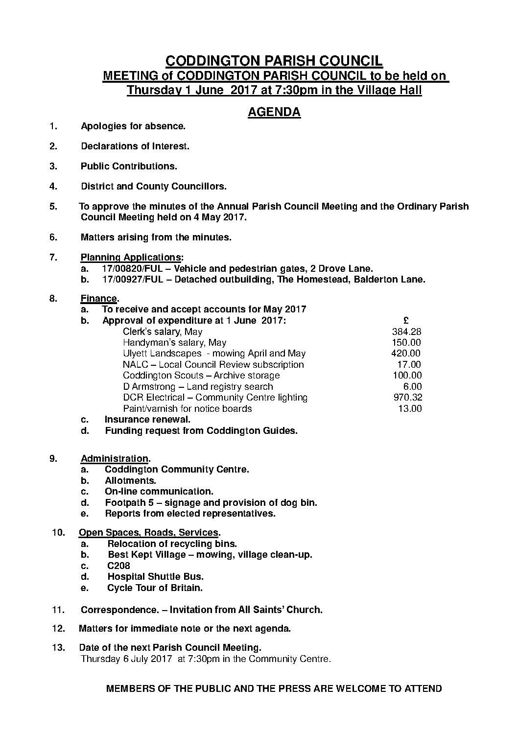 Parish Council Meeting 1 June 2017 Agenda