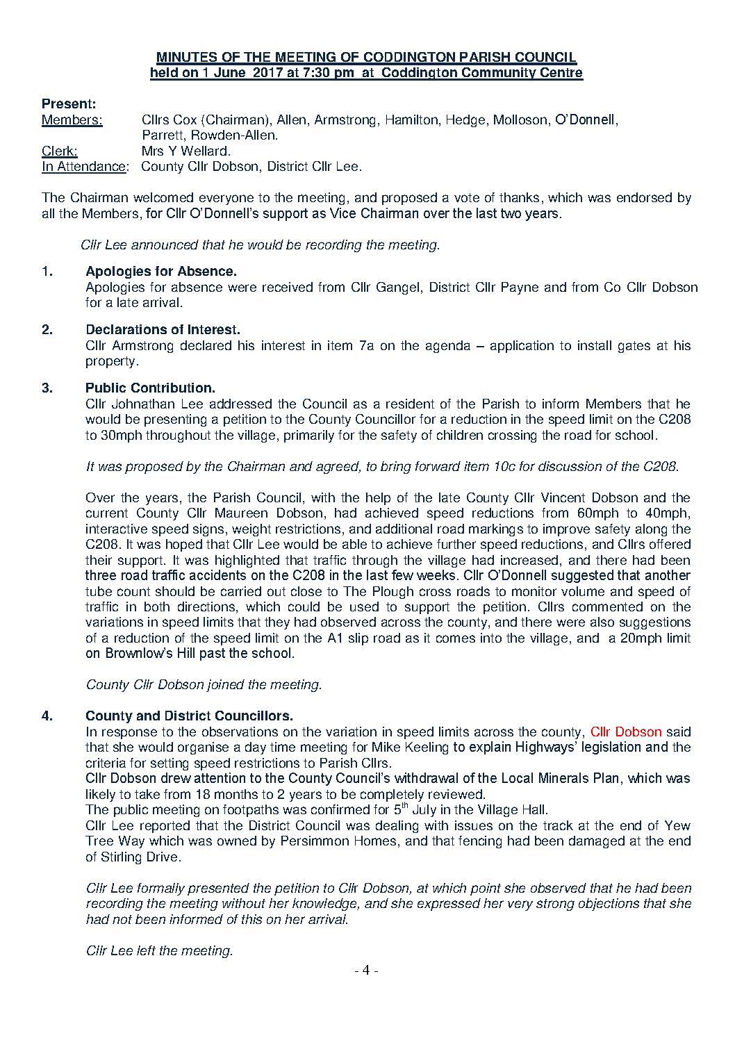 Parish Council Meeting 1 June 2017 Minutes