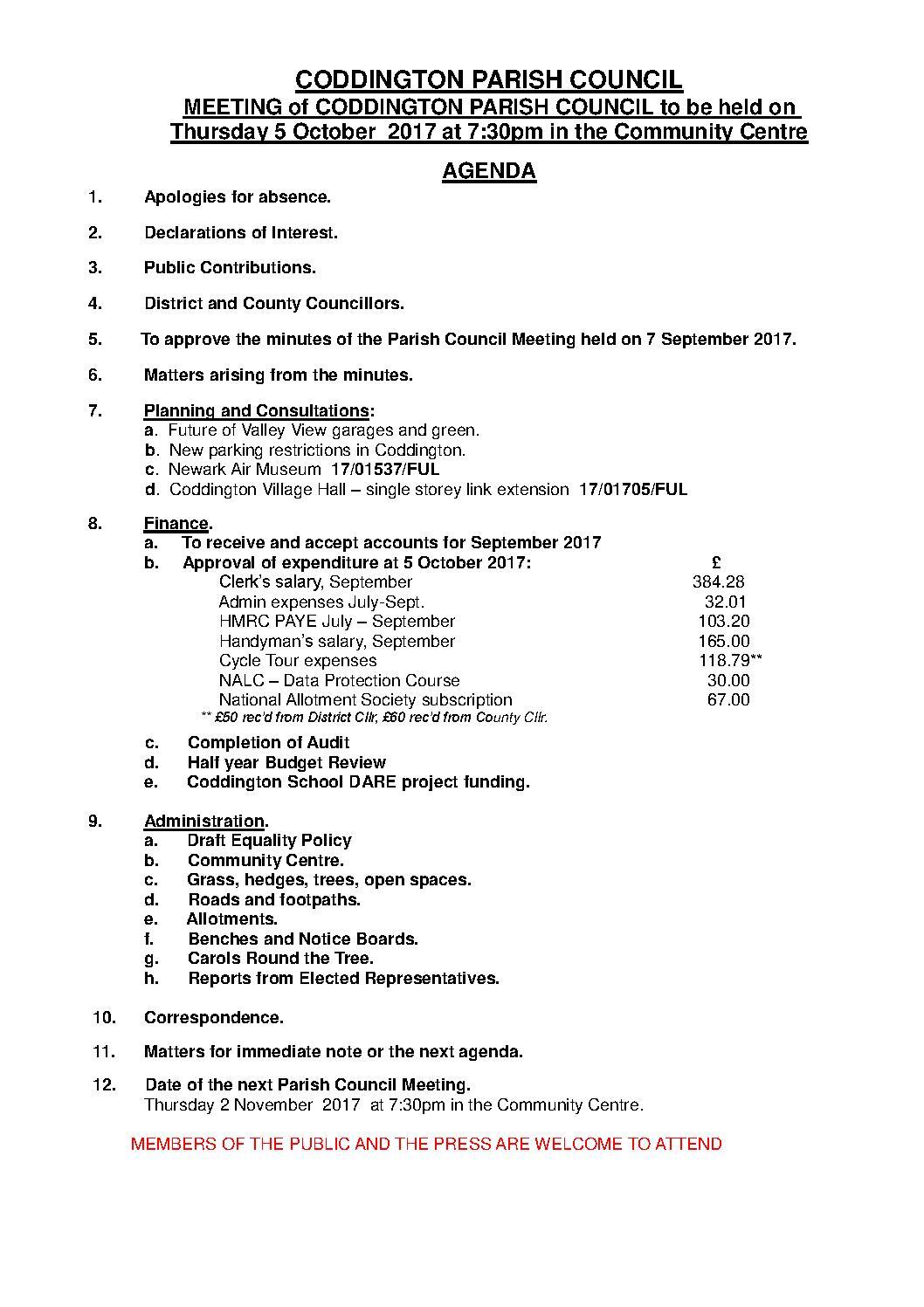 Parish Council Meeting 5 October 2017 Agenda