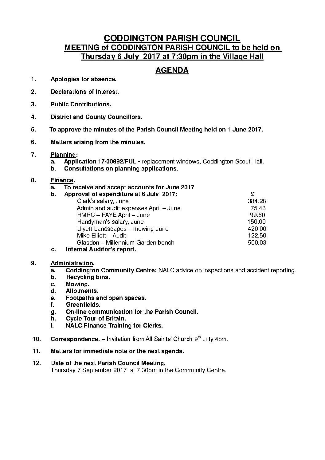 Parish Council Meeting 6 July 2017 Agenda