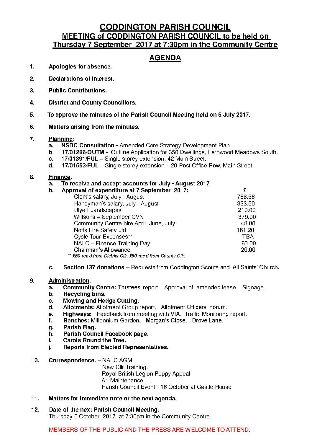 Parish Council Meeting 7 September Agenda