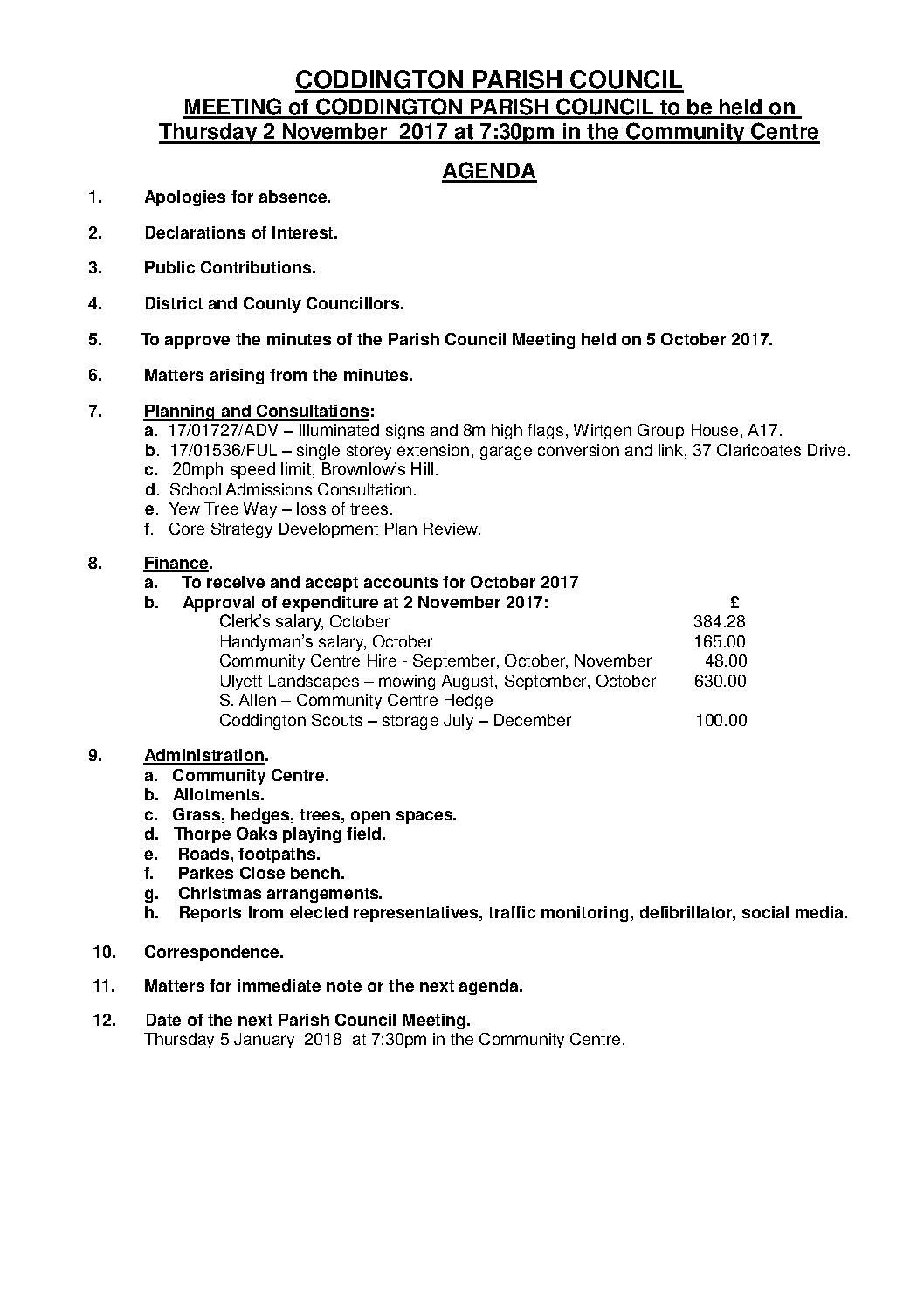 Parish Council Meeting 2 November 2017 Agenda