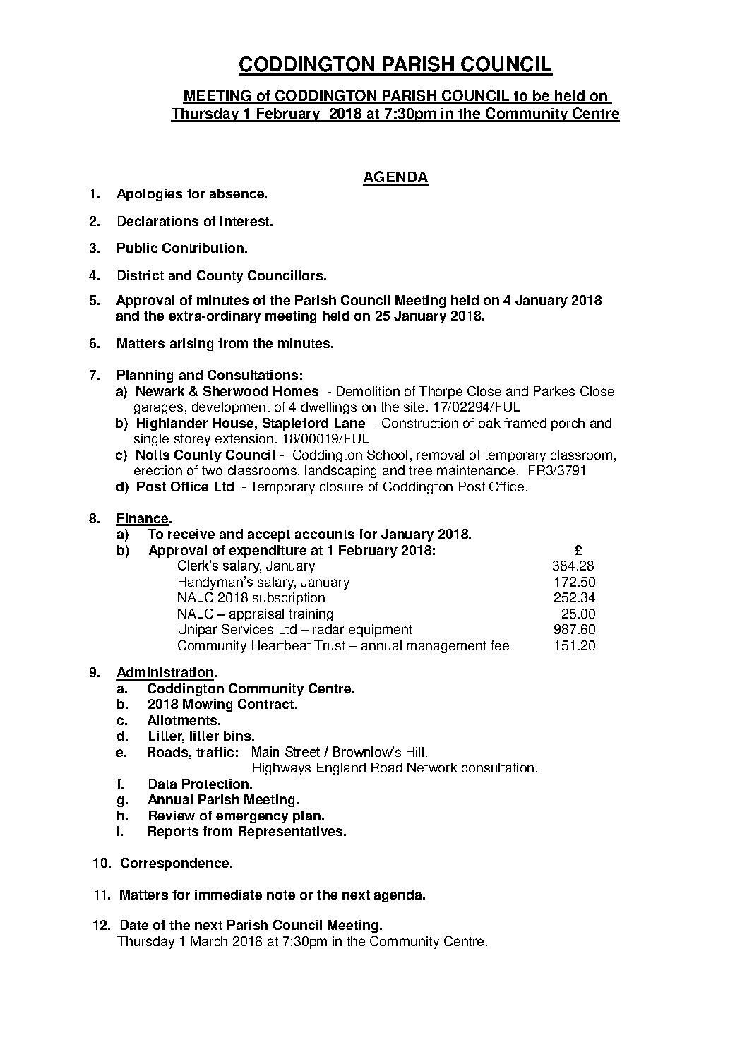 Parish Council Meeting 1 February 2018 Agenda