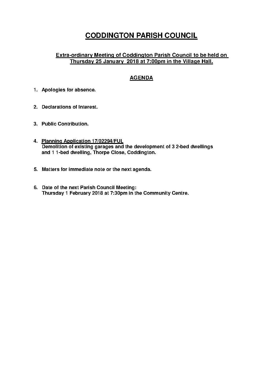 Extra-ordinary Parish Council Meeting 25 January 2018 Agenda