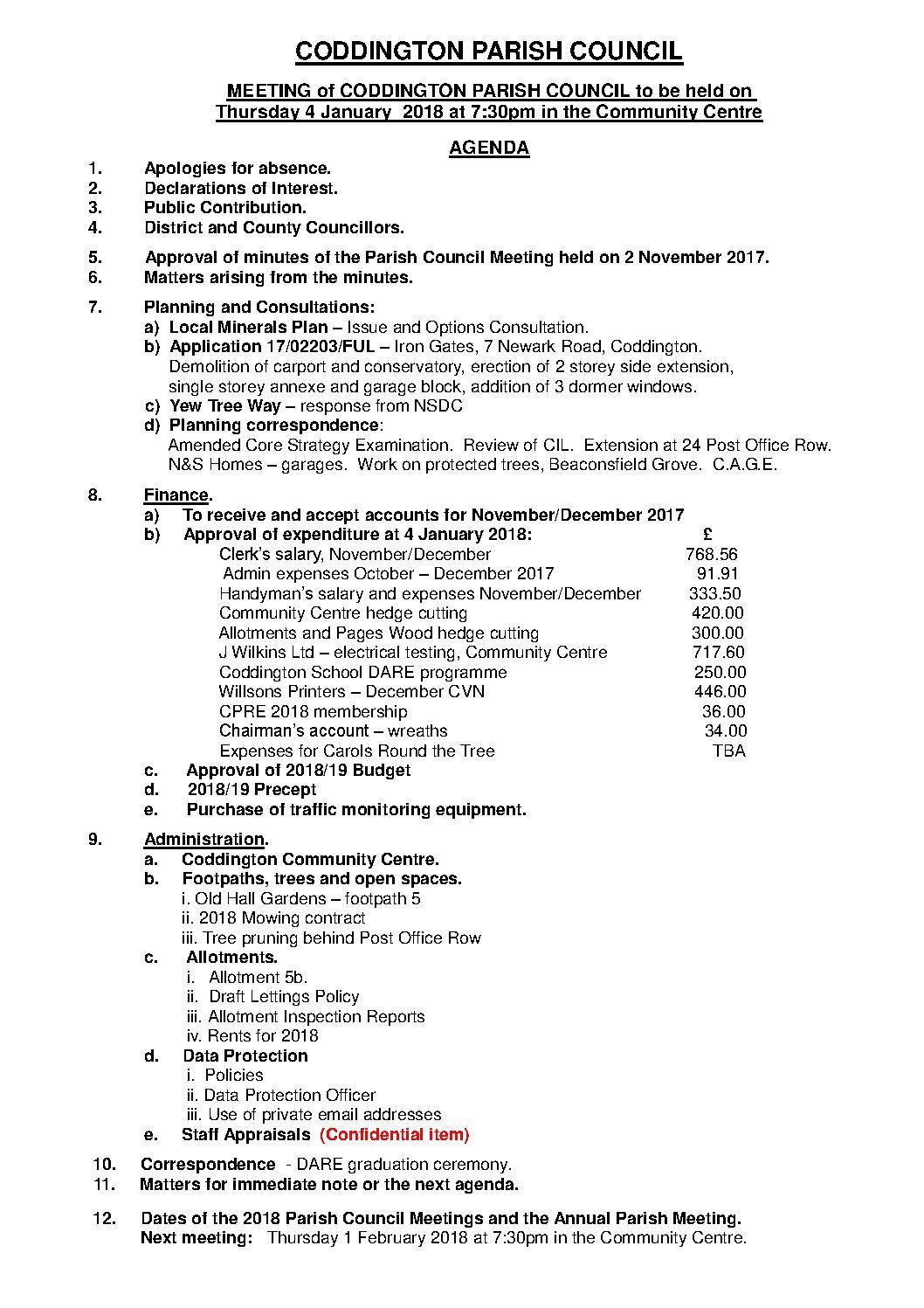 Parish Council Meeting 4 January 2018 Agenda