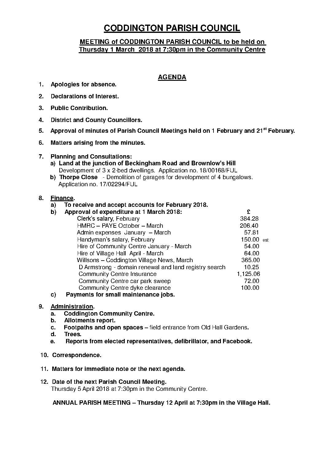 Parish Council Meeting 1 March 2018 Agenda