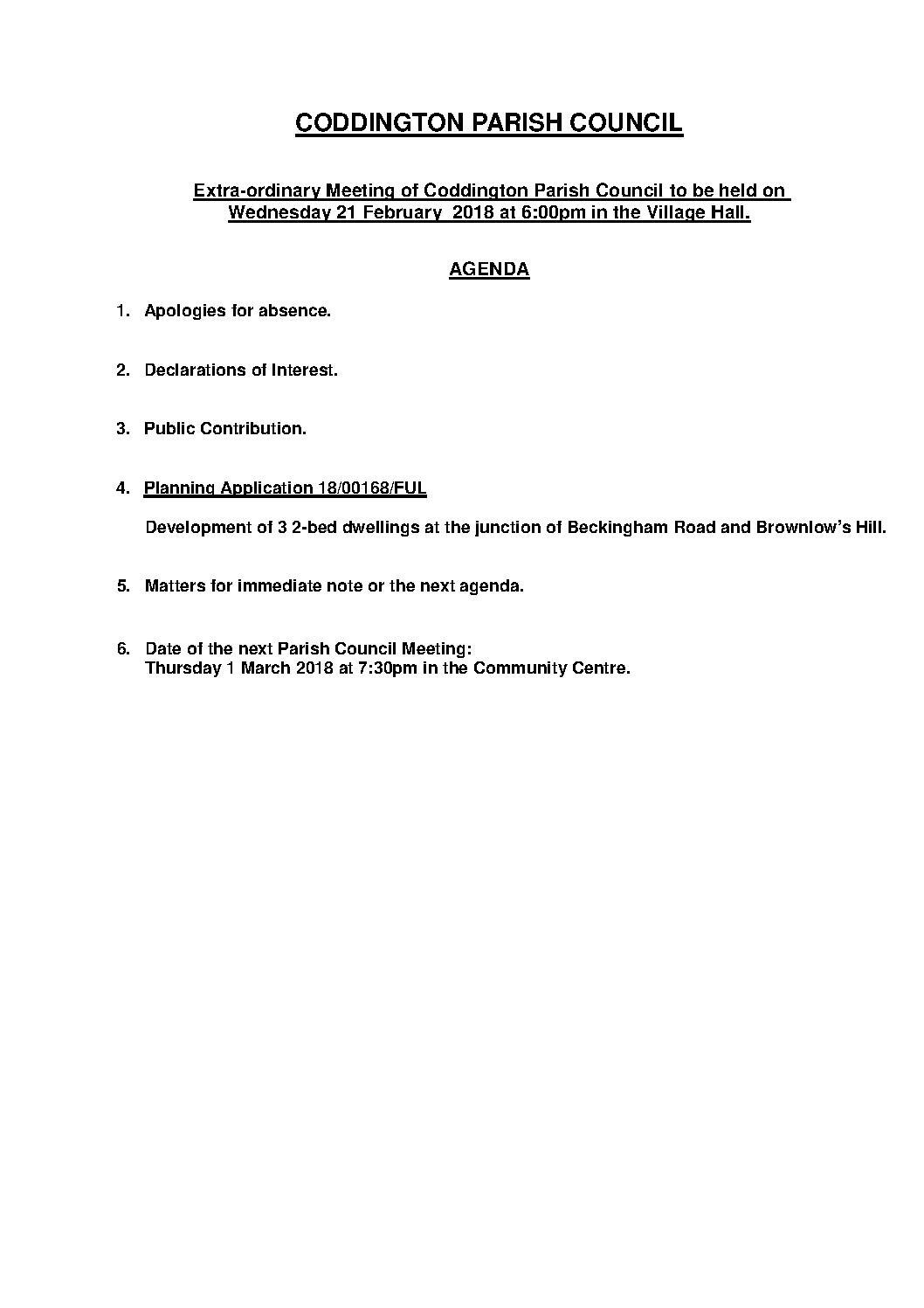 Extra-ordinary Parish Council Meeting 21 February 2018 Agenda