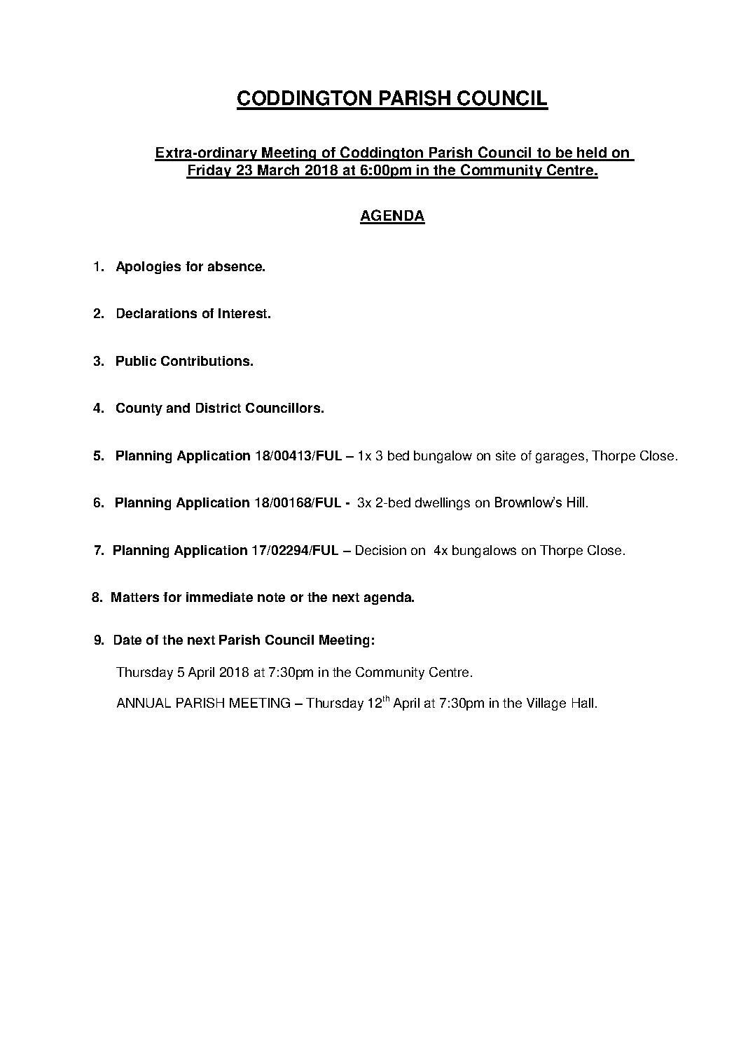 Extra-ordinary Parish Council Meeting 23 March 2018 Agenda