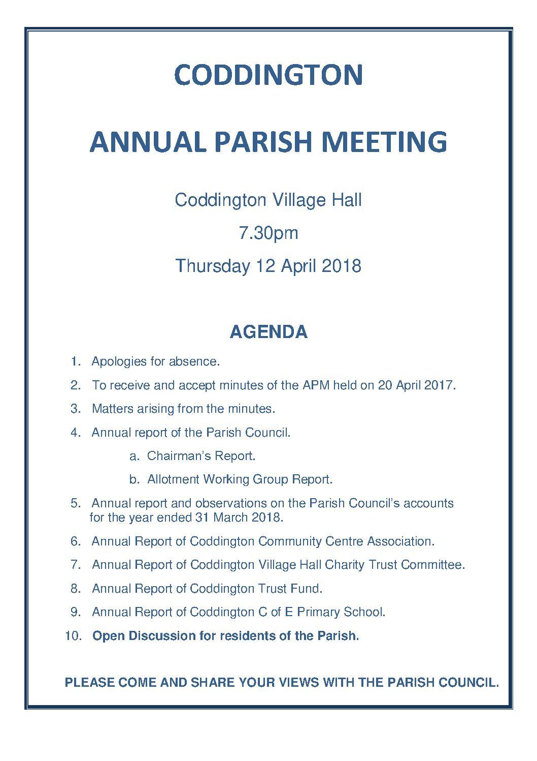 ANNUAL PARISH MEETING 12 APRIL 2018 AGENDA