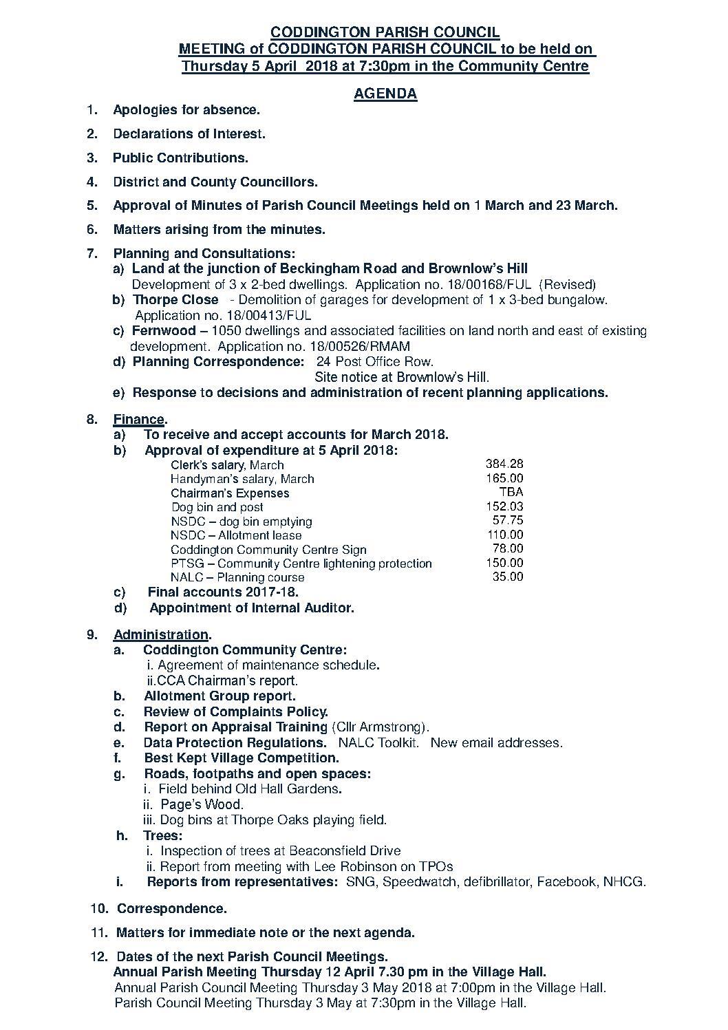 Parish Council Meeting 5 April 2018 Agenda