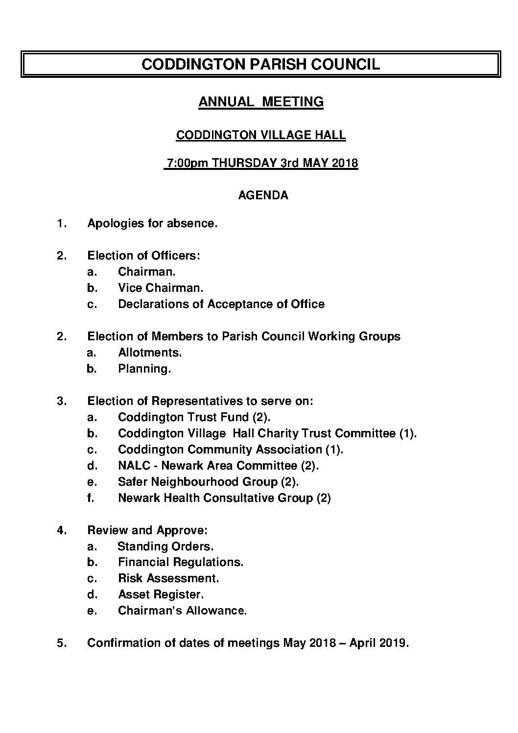 Annual Parish Council Meeting 3 May 2018 Agenda