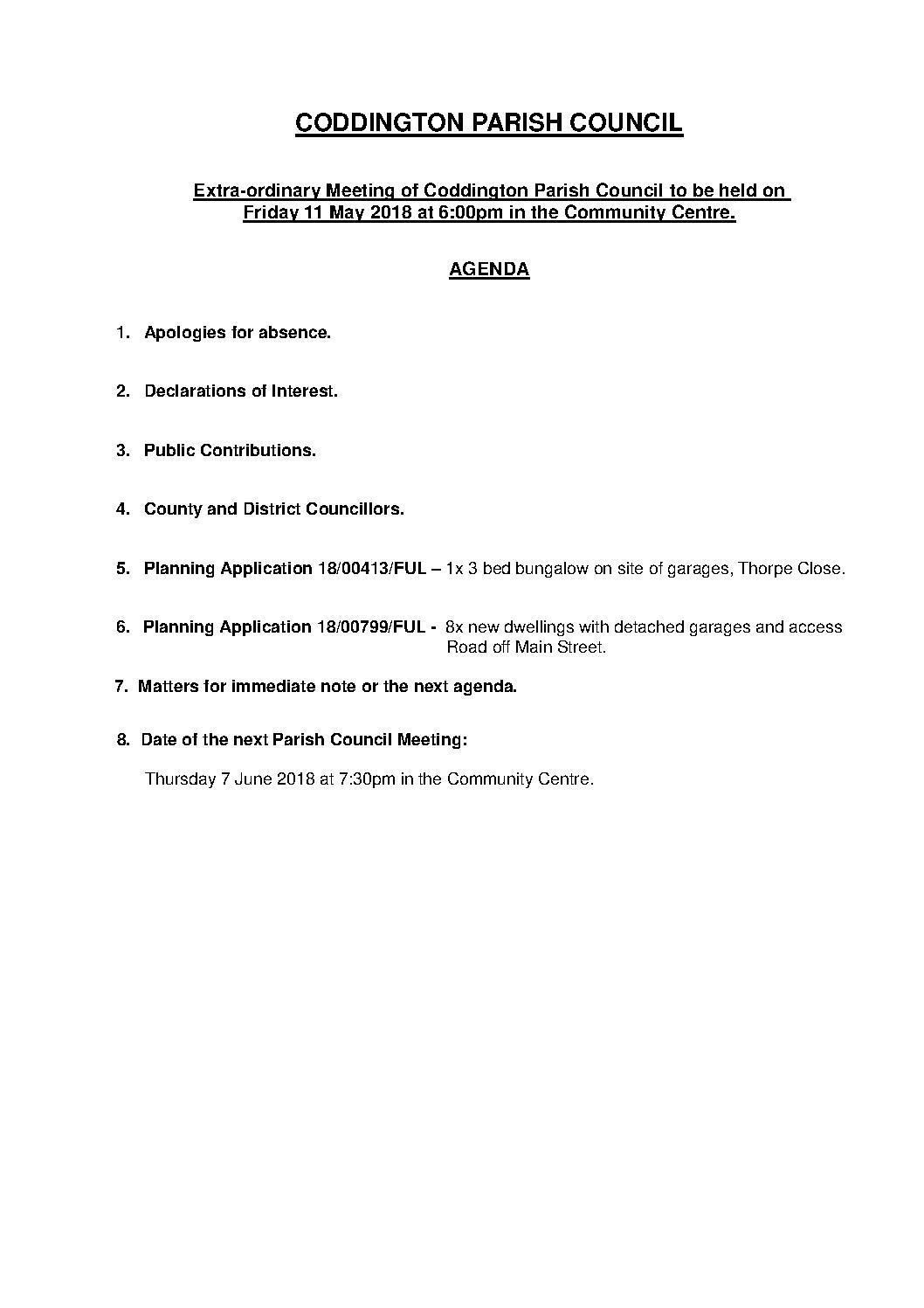 Extra-ordinary Parish Council Meeting 11 May 2018 Agenda