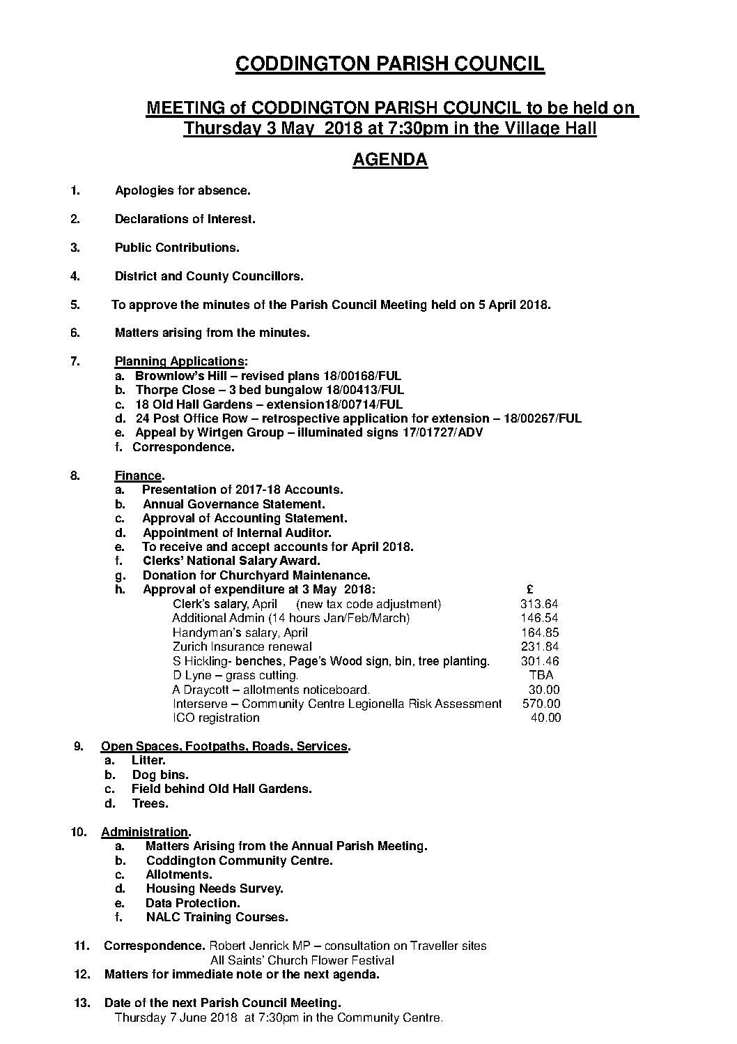 Parish Council Meeting 3 May 2018 Agenda