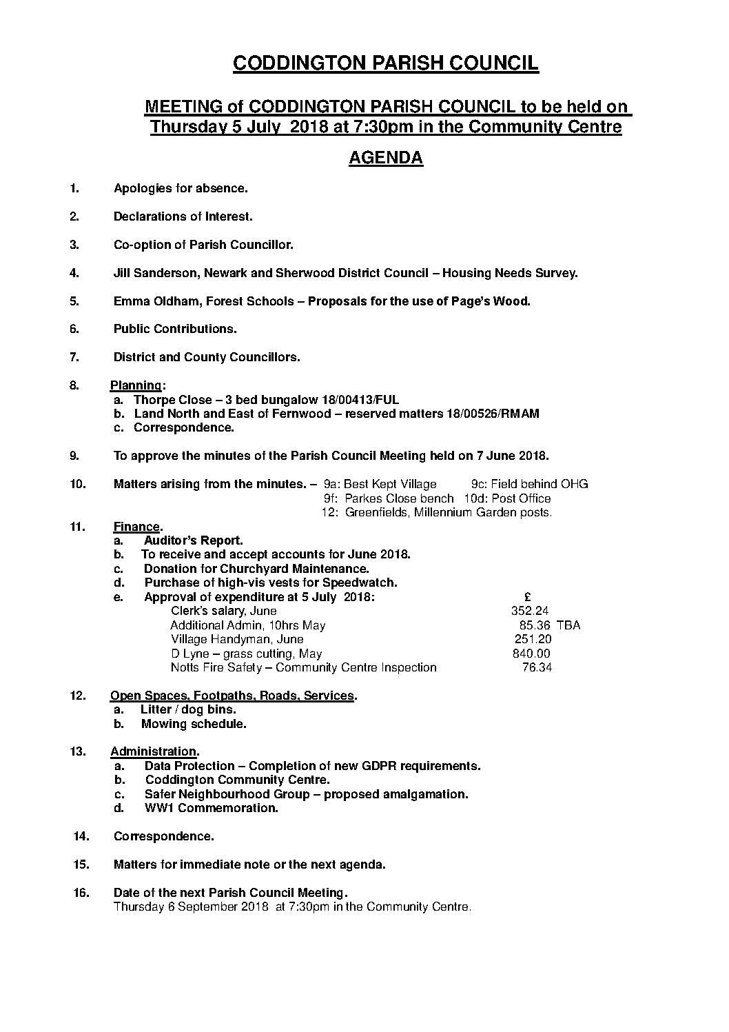 Parish Council Meeting 5 July 2018 Agenda