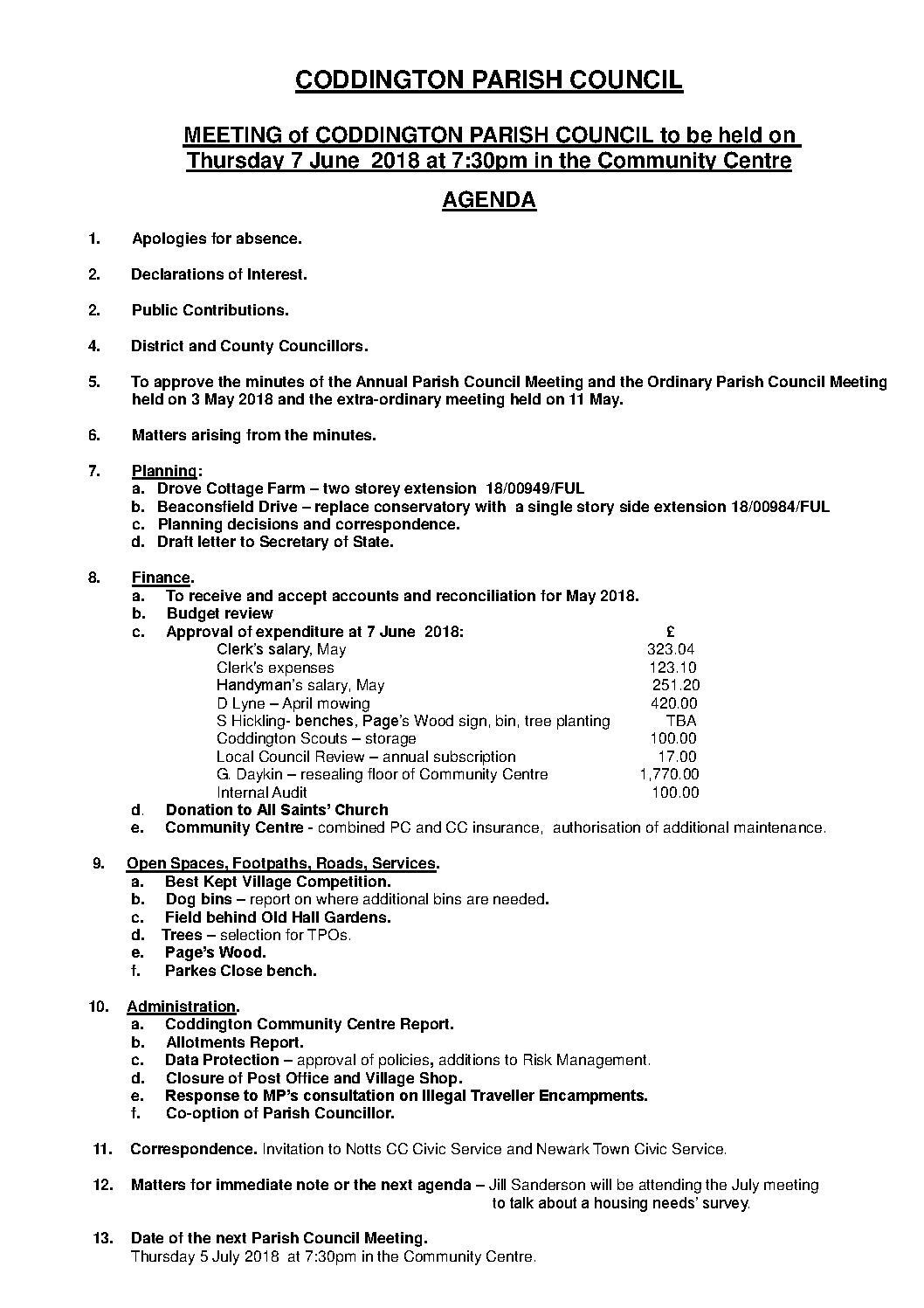 Parish Council Meeting 7 June 2018 Agenda