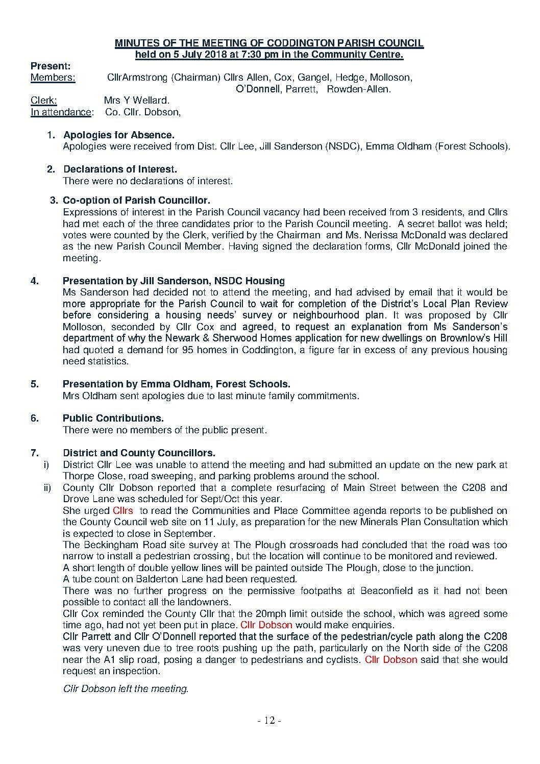 Parish Council Meeting 5 July 2018 Minutes