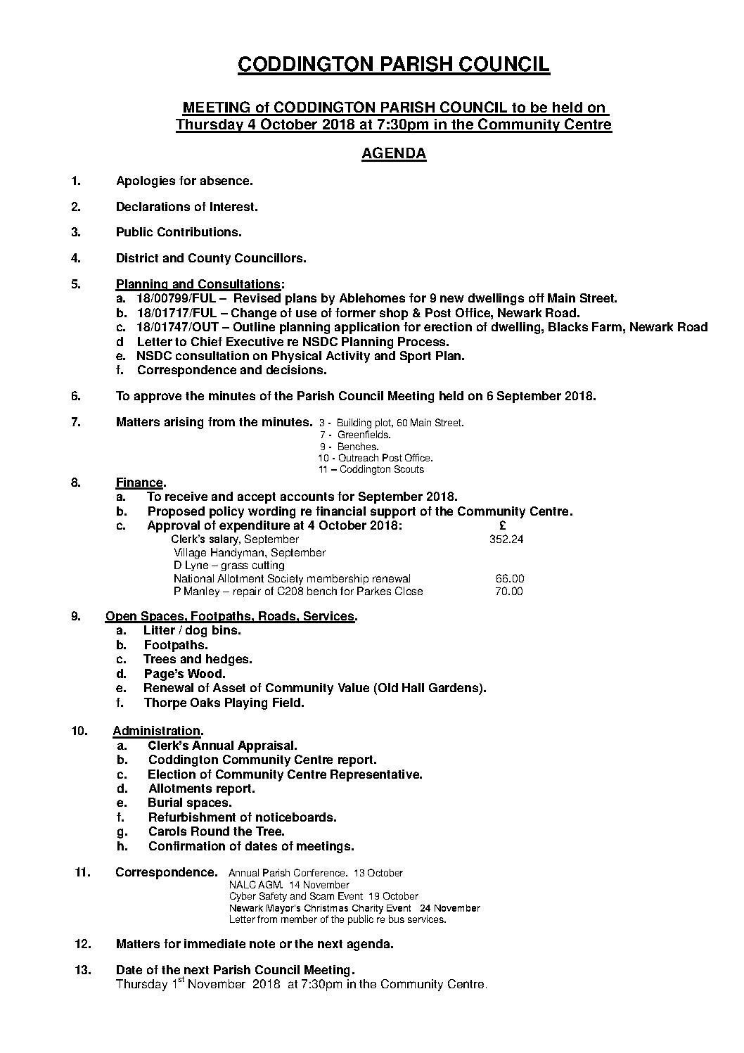 Parish Council Meeting 4 October 2018 Agenda