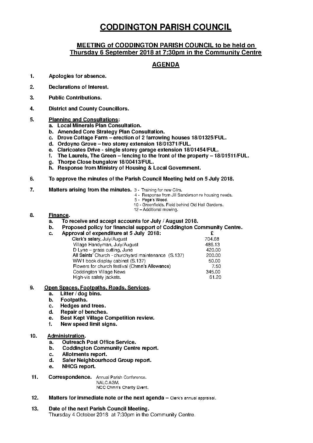 Parish Council Meeting 6 September 2018 Agenda