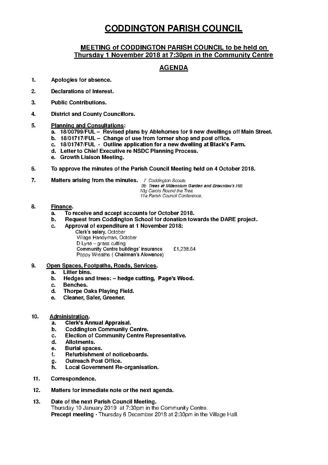 Parish Council Meeting 1 November 2018 Agenda