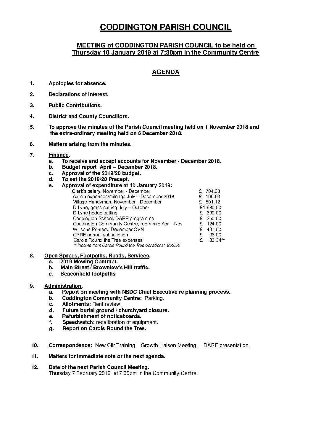 Parish Council Meeting 10 January 2019 Agenda