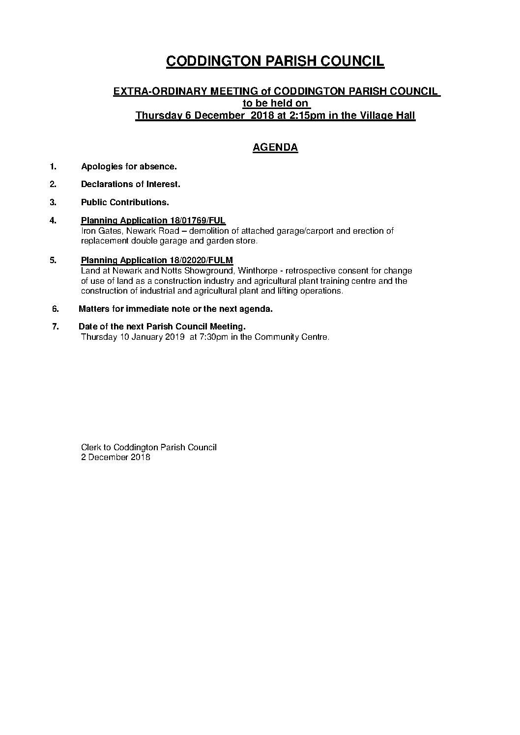 Extra-ordinary Parish Council Meeting 6 December 2018 Agenda