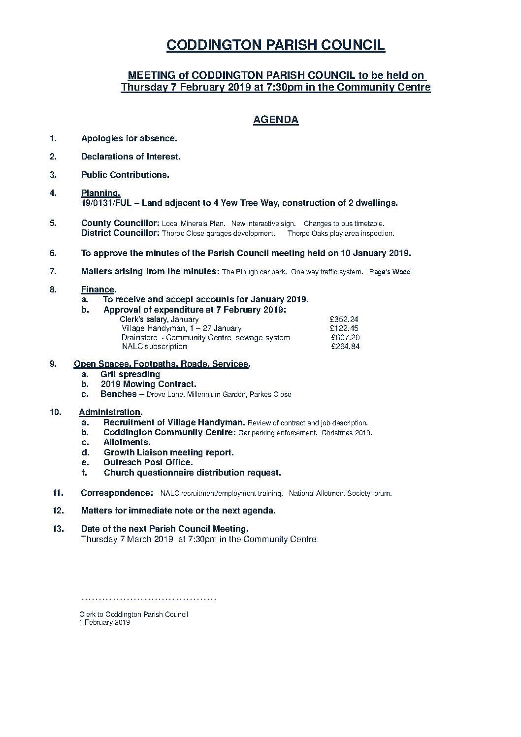 Parish Council Meeting 7 February 2019 Agenda