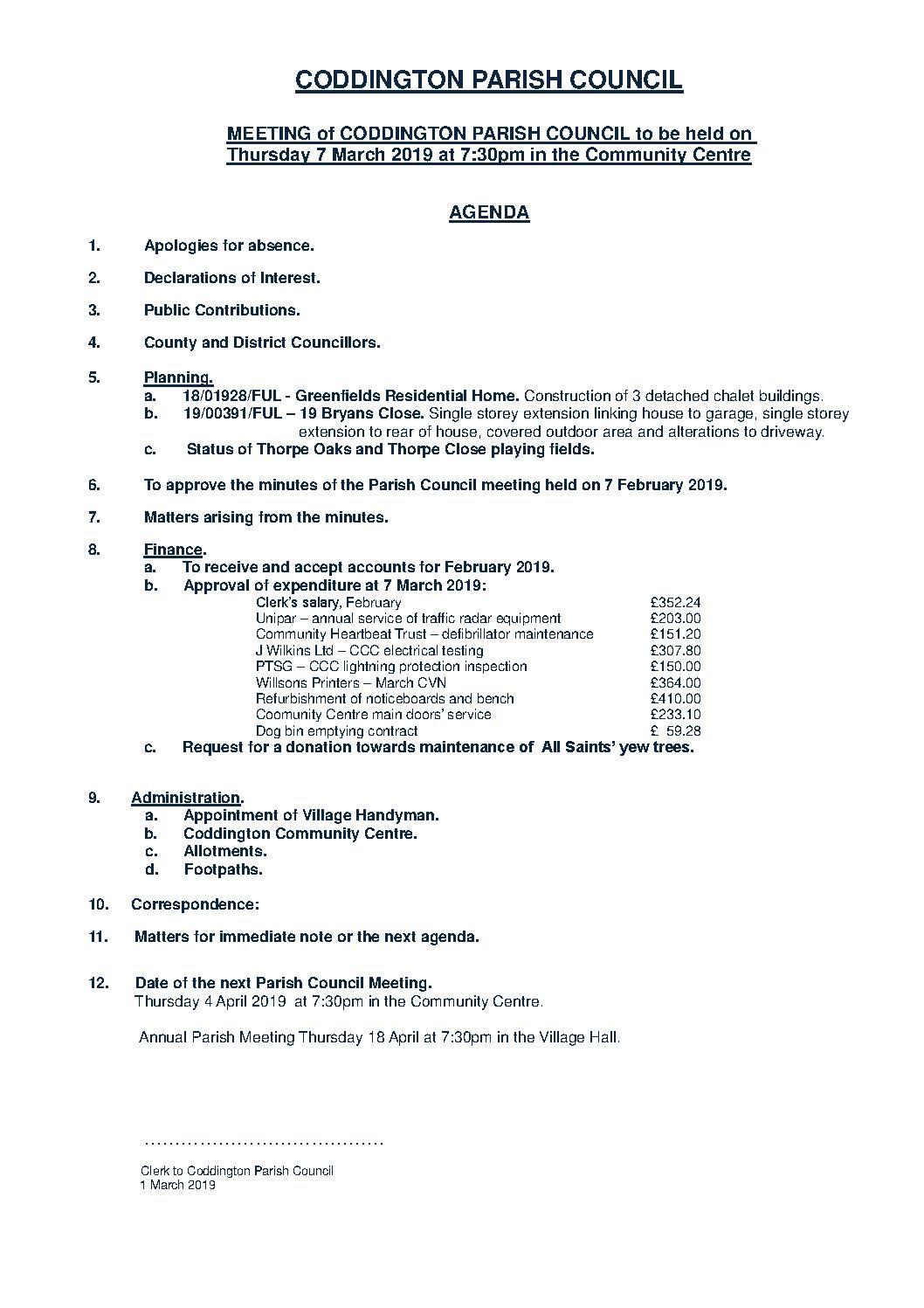 Parish Council Meeting 7 March 2019 Agenda