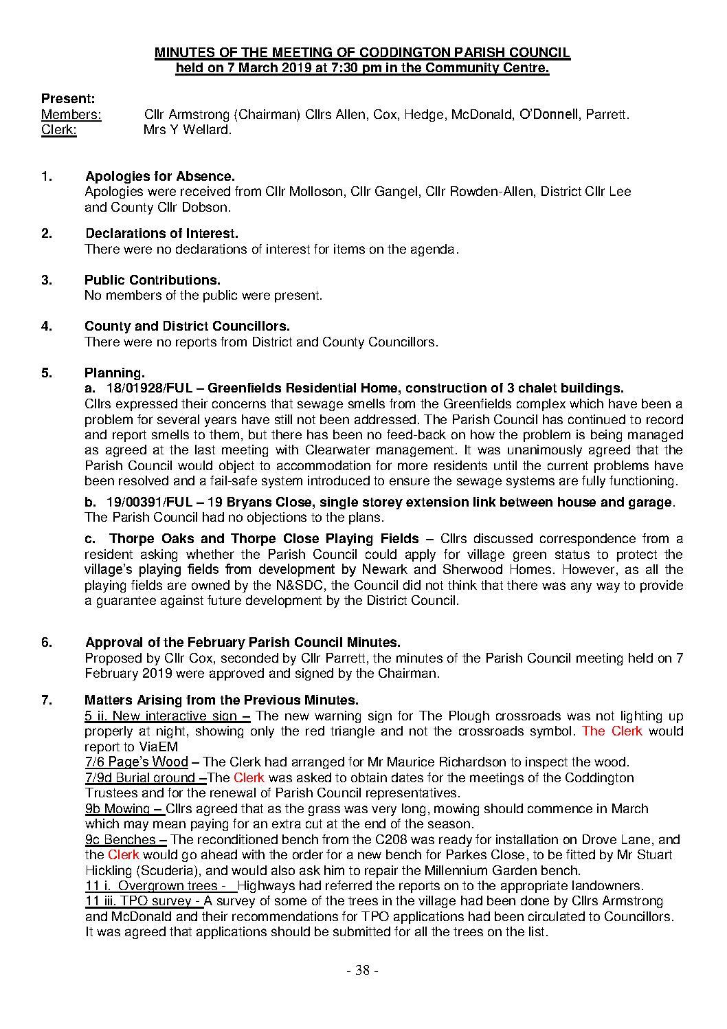 Parish Council Meeting 7 March 2019 Minutes