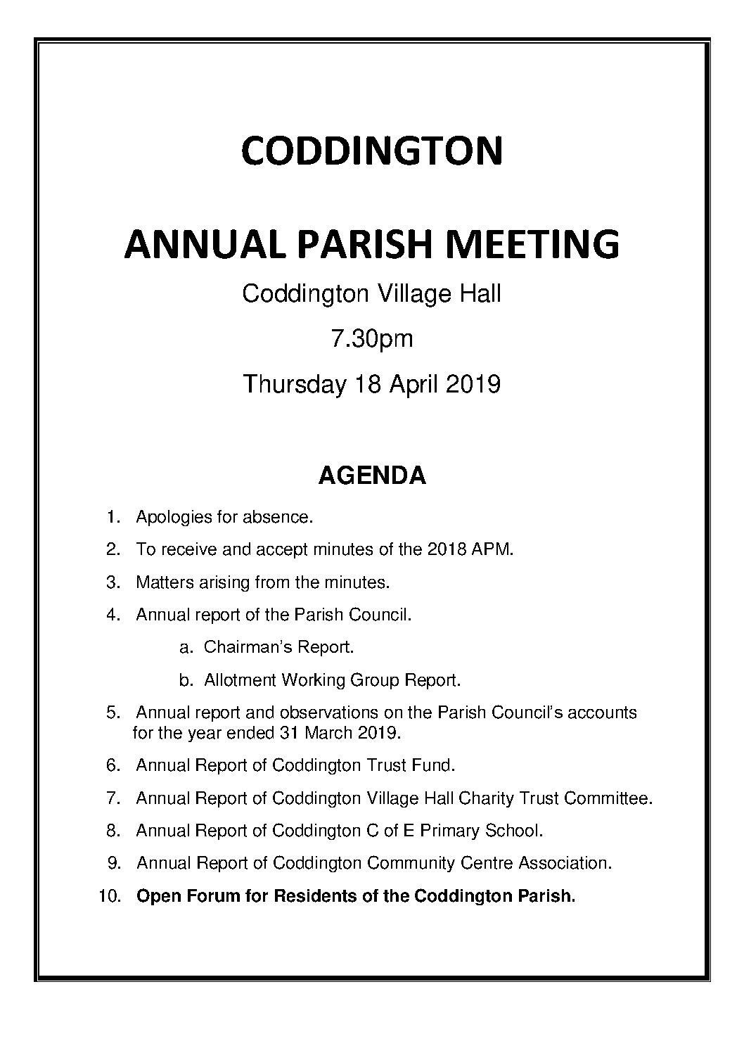 ANNUAL PARISH MEETING 18 APRIL 2019 AGENDA