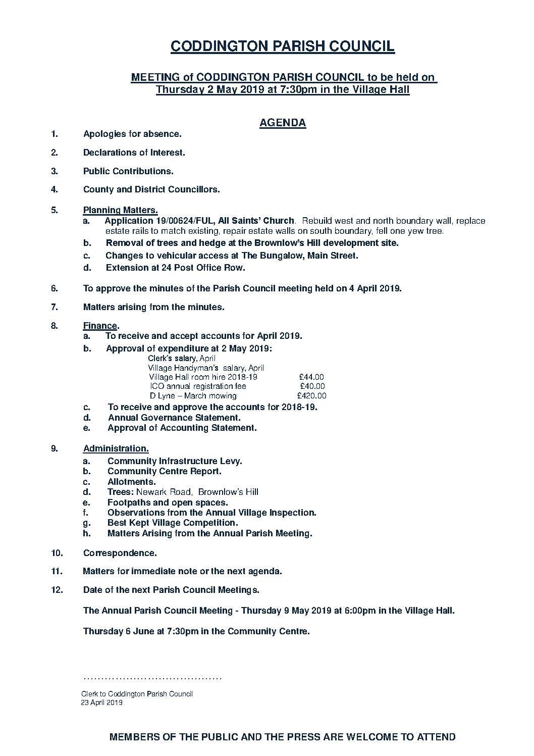 Parish Council Meeting 2 May 2019 Agenda