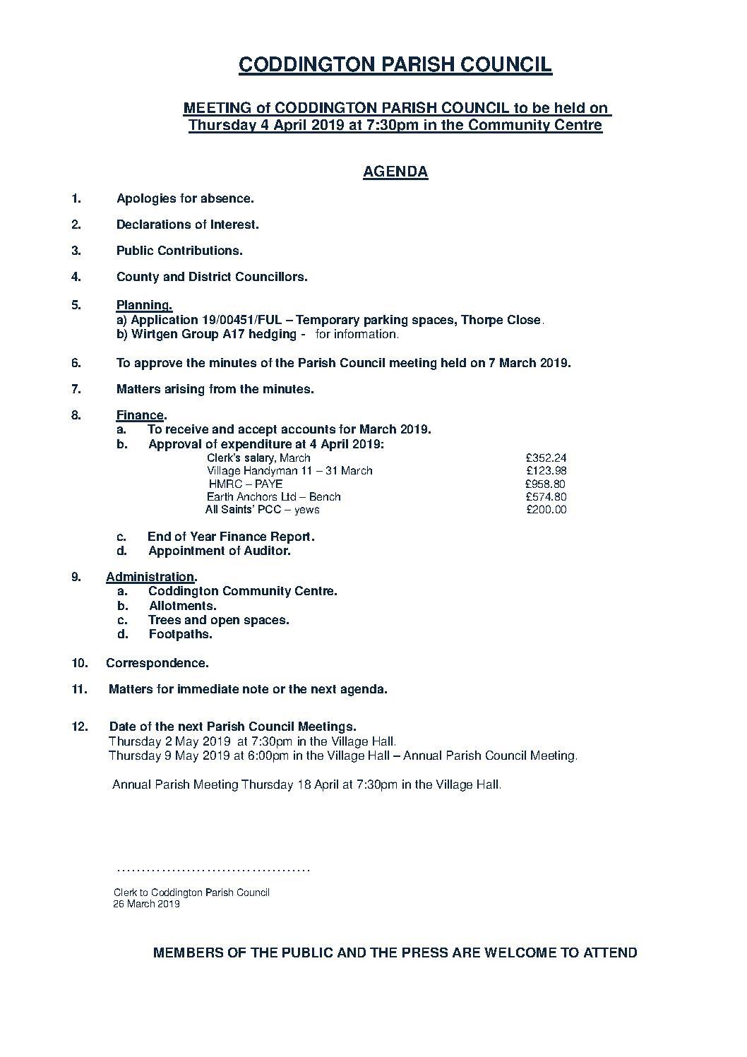 Parish Council Meeting 4 April 2019 Agenda