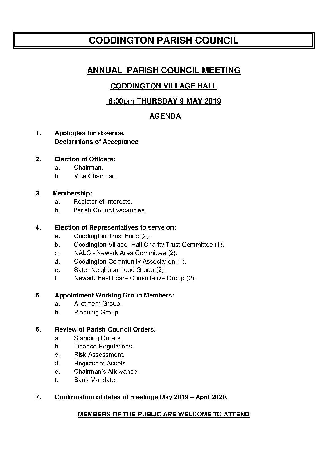 Annual Parish Council Meeting 9 May 2019 Agenda