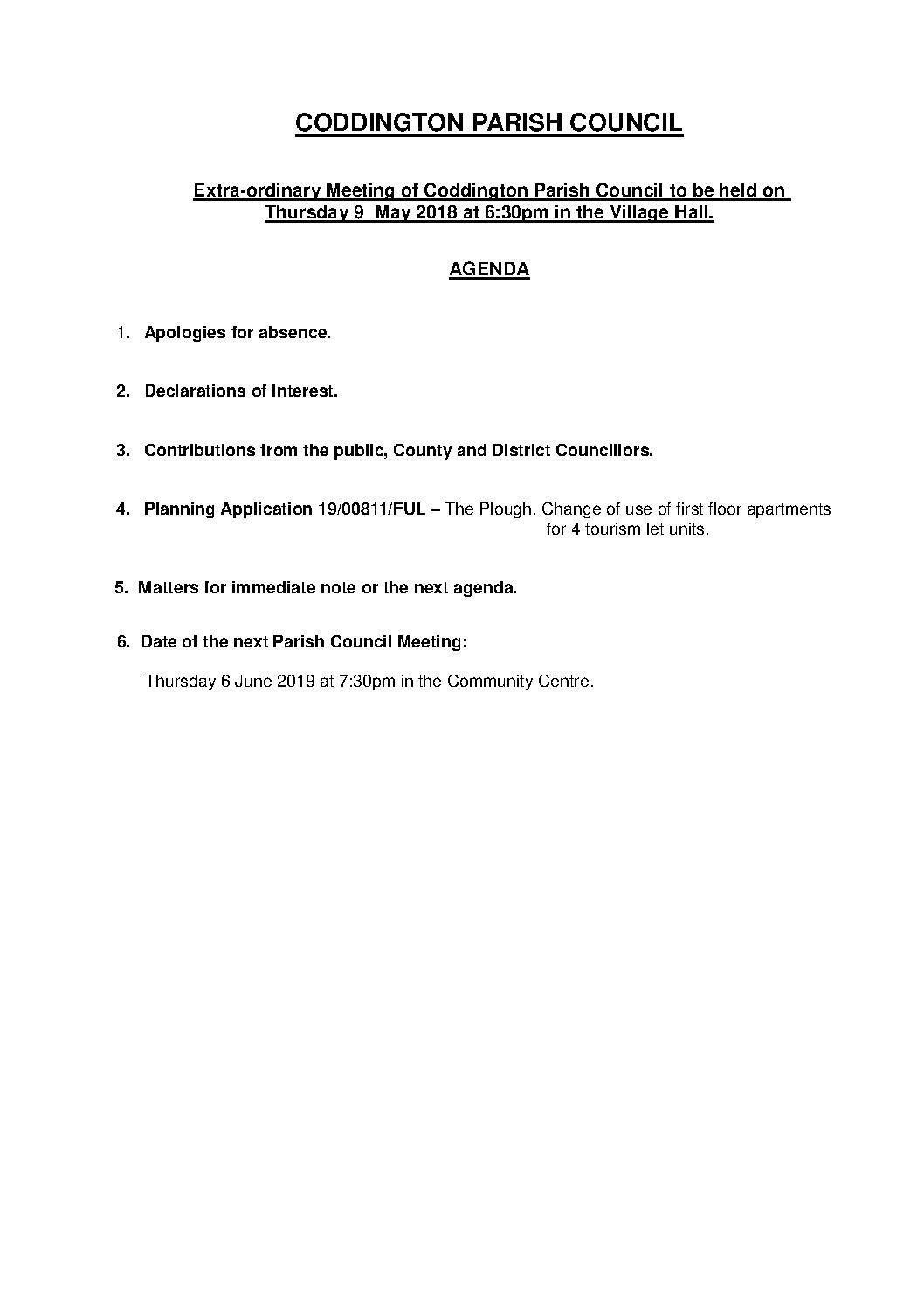 Extra-ordinary Parish Council Meeting 9 May 2019 Agenda