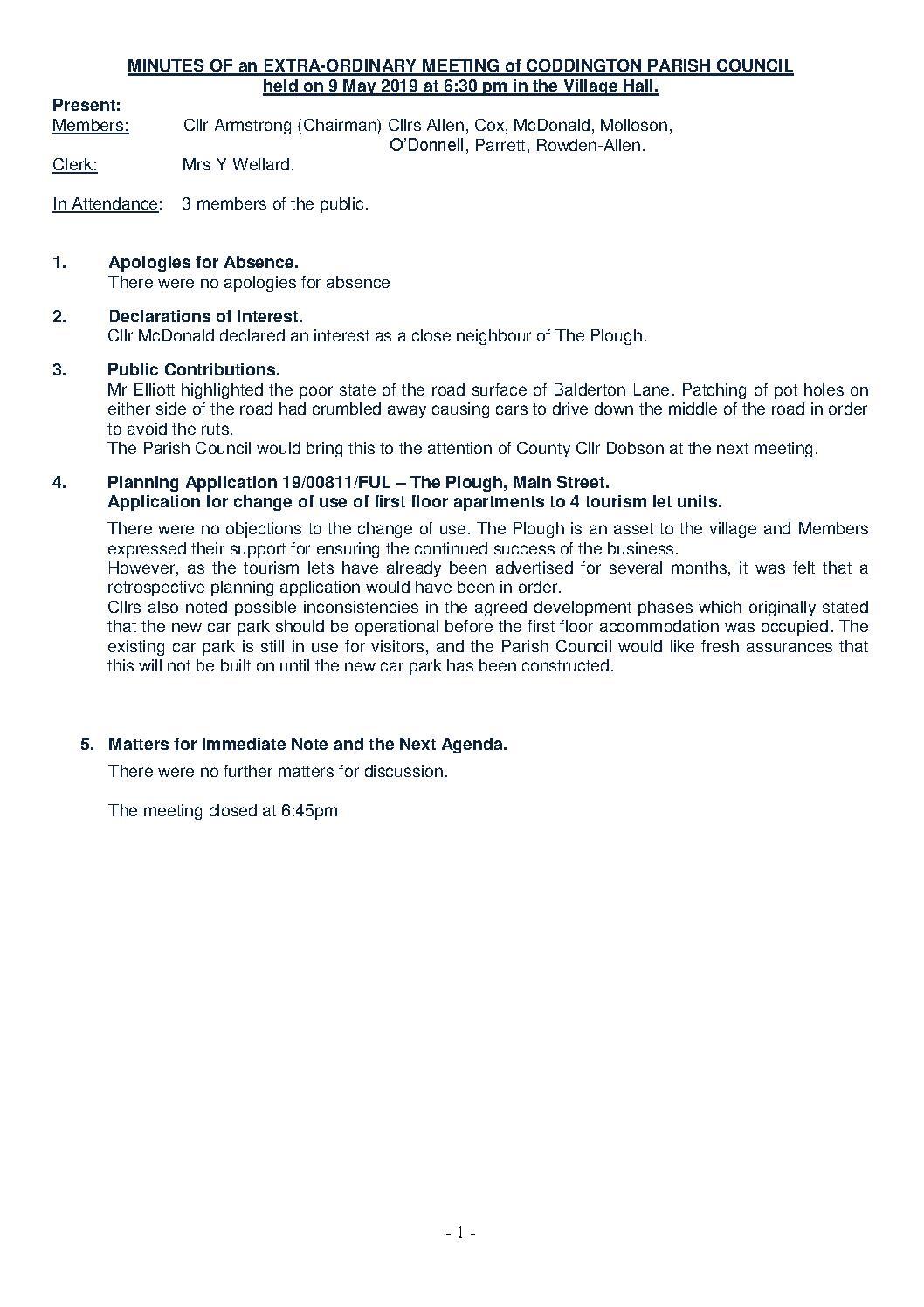 Extra-ordinary Parish Council Meeting 9 May 2019 Minutes