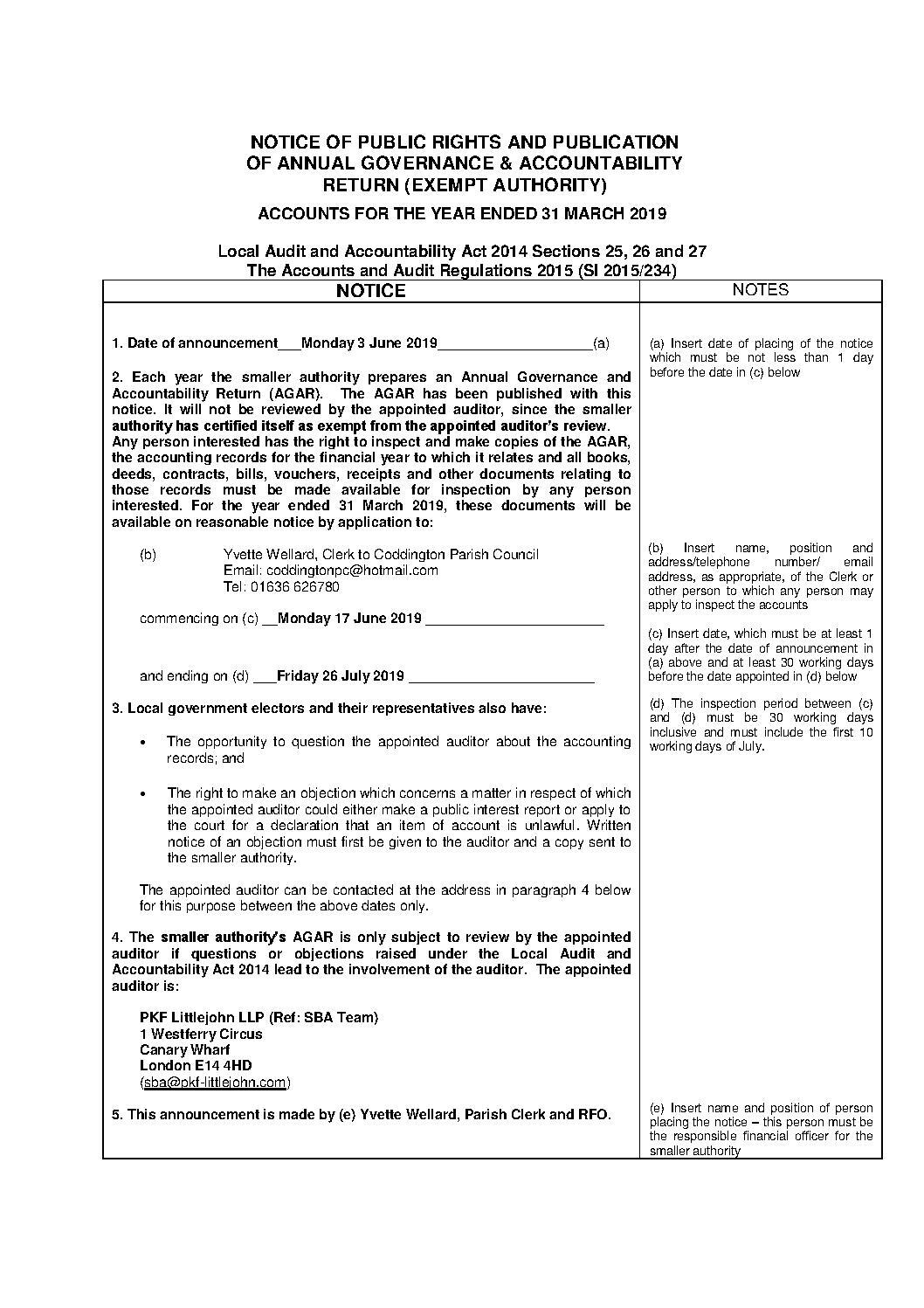 INSPECTION OF ACCOUNTS FOR THE YEAR ENDED 31 MARCH 2019