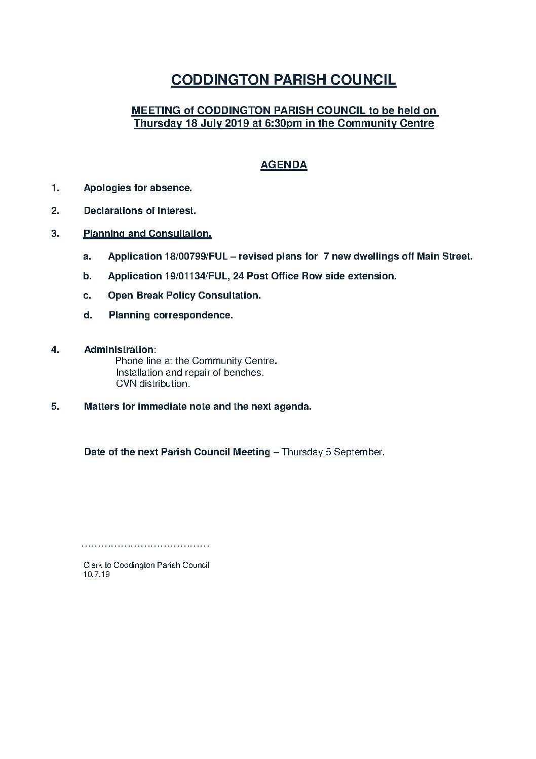 Extra-ordinary Parish Council Meeting 18 July 2019 Agenda